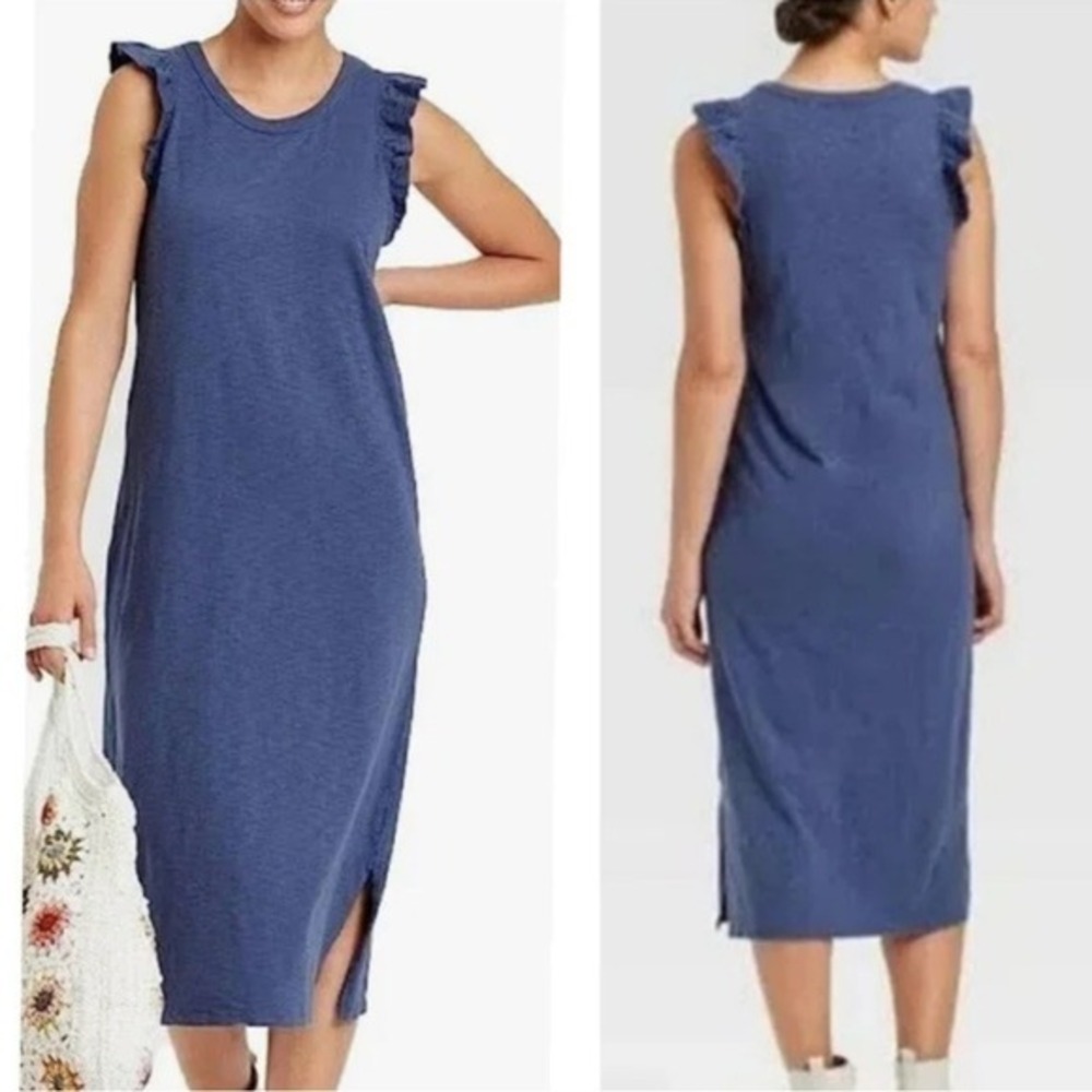Universal Thread Blue Ruffle Sleeve Cottonβ Slub Midi Dress XS 013095914